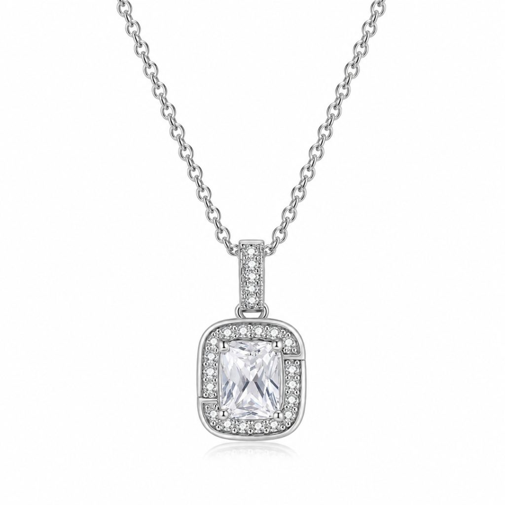 LGT JWLS Zilverkleurige Damesketting met Rechthoekige Witte Zirkonia Hanger
