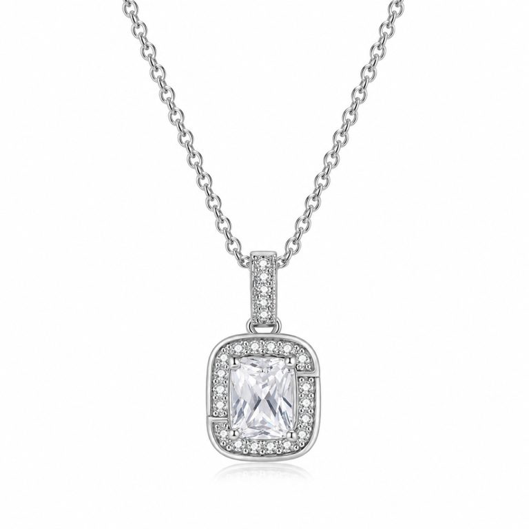LGT JWLS Zilverkleurige Damesketting met Rechthoekige Witte Zirkonia Hanger