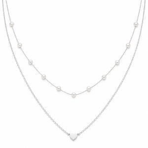 LGT JWLS Zilverkleurige Set van 2 Dameskettingen met Witte Synthetische Parels en Harthanger