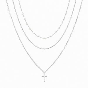 LGT JWLS Zilverkleurige Set van 3 Dameskettingen met Witte Synthetische Parels en Kruishanger