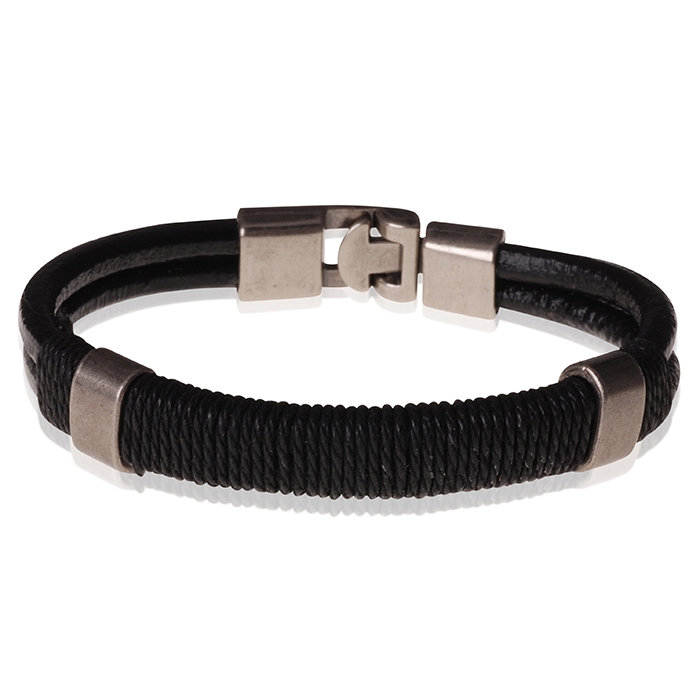 LGT Jewels heren armband Leer Touw Zwart- 20.5cm