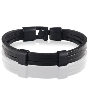 LGT Jewels heren armband Zwart leer Schuifgesp – 20cm