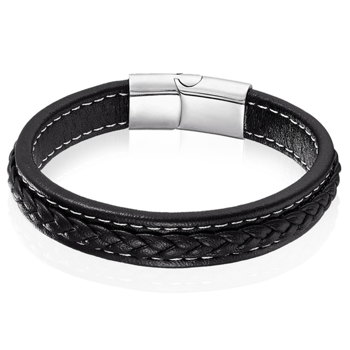 LGT Jewels Heren Armband Zwart Leer Stitched Edelstaal Sluiting-23cm