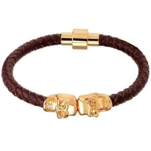 LGT Jewels Leren armband Edelstaal Twin Skull Goudkleurig Bruin