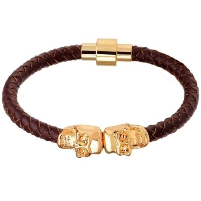 LGT Jewels Leren armband Edelstaal Twin Skull Goudkleurig Bruin