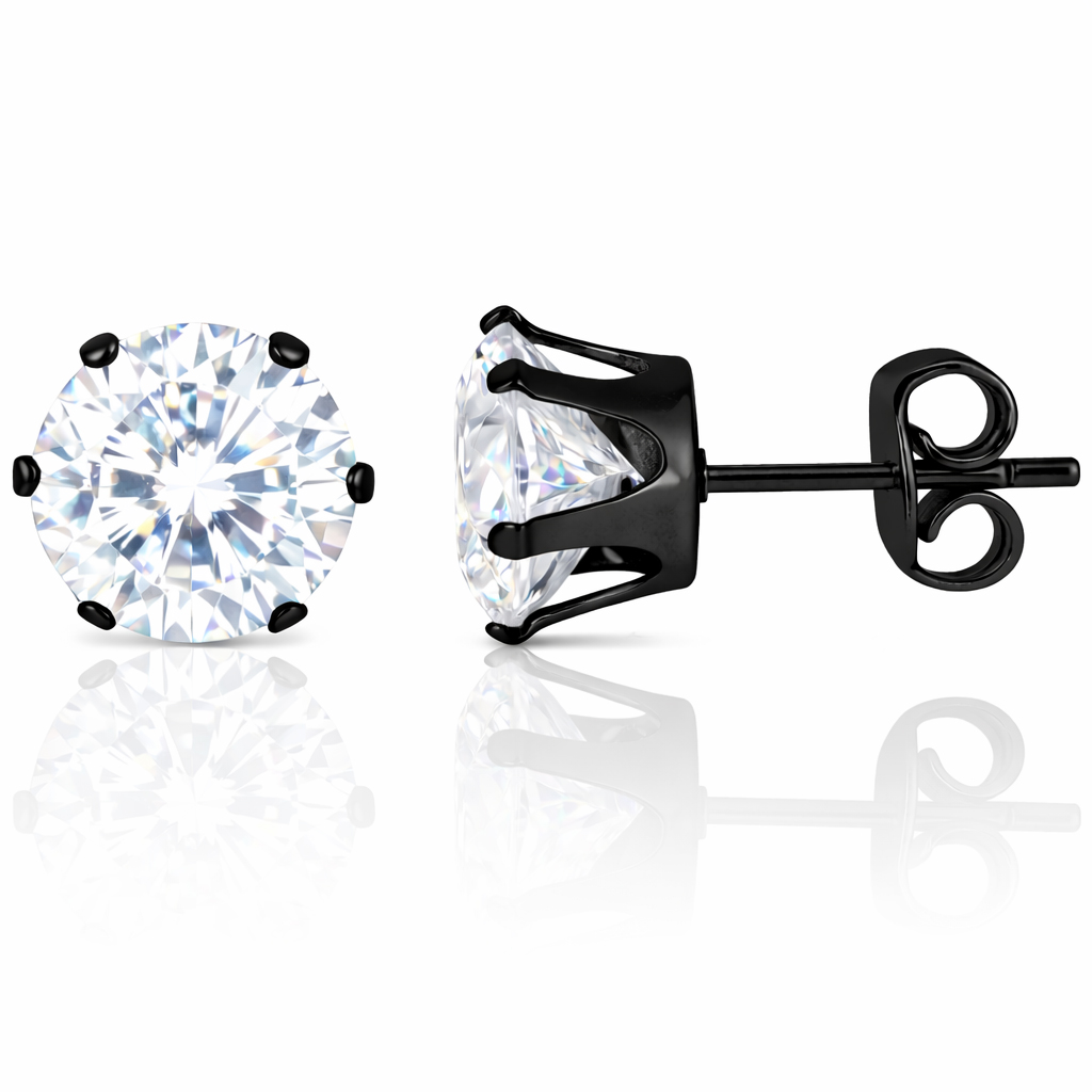 LGT Jewels Stud oorbellen Edelstaal Zwart Ronde Zirkonia Transparant-6mm