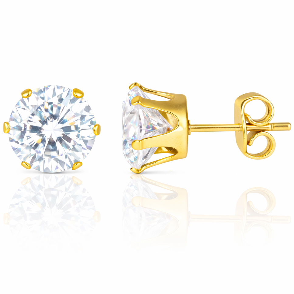 LGT Jewels Stud oorbellen Edelstaal Goudkleurig Ronde Zirkonia Transparant-8mm