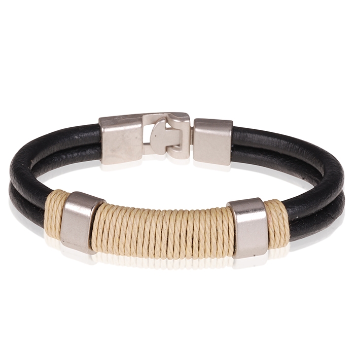 LGT Jewels Zwarte leren armband Geel Touw – 20.5cm
