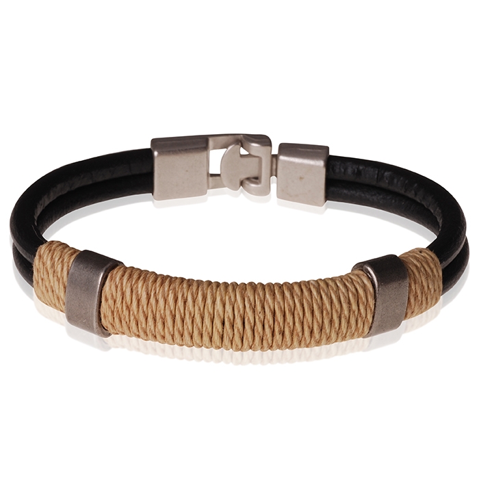 LGT Jewels zwarte leren armband Heren Geel Touw- 21.5cm