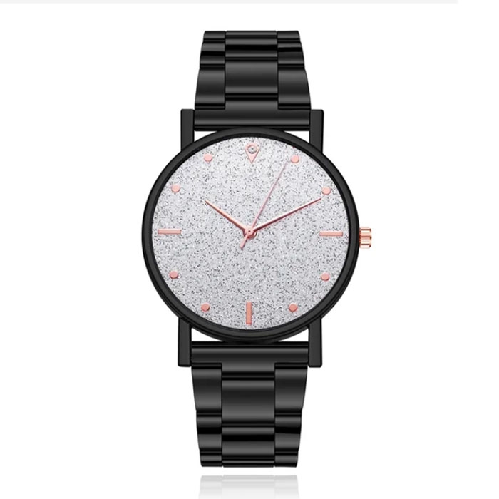LGT JWLS Dameshorloge – Sterrenhemel Design – Zilver Wijzerplaat – Zwart & Rose Goud