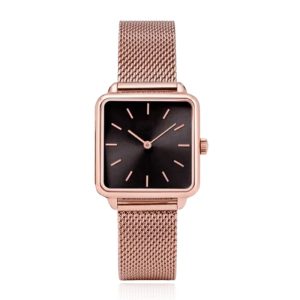 LGT JWLS Dameshorloge 'Square' – Rose Goudkleurige Meshband, Zwart Uurwerk, Rose Goudkleurige Kast