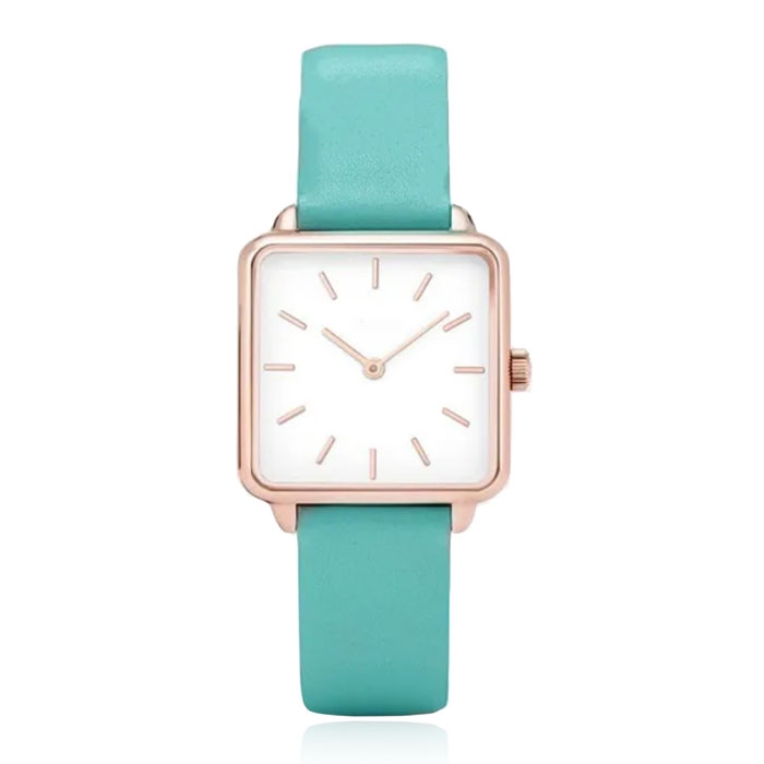 LGT JWLS Dameshorloge 'Square' – Turquoise Lederen Band, Wit Uurwerk, Rose Gouden Kast