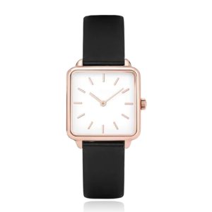 LGT JWLS Dameshorloge 'Square' – Zwart Lederen Band, Wit Uurwerk, Rose Gouden Kast