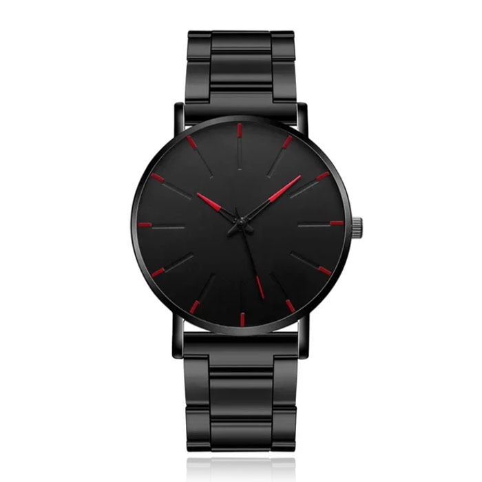 LGT JWLS Herenhorloge – Extra Plat Quartz Uurwerk – All Black met Rode Accenten
