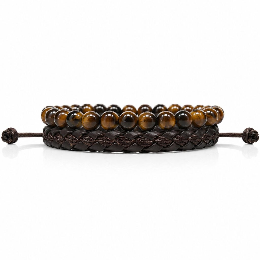 LGT JWLS Natuursteen en Leren Armbandenset – Bruin – Heren Sieraden – Tijgeroog en Leder – voor Mannen