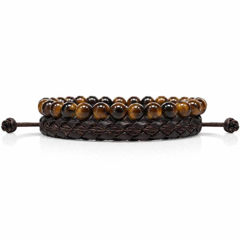 LGT JWLS Natuursteen en Leren Armbandenset – Bruin – Heren Sieraden – Tijgeroog en Leder – voor Mannen