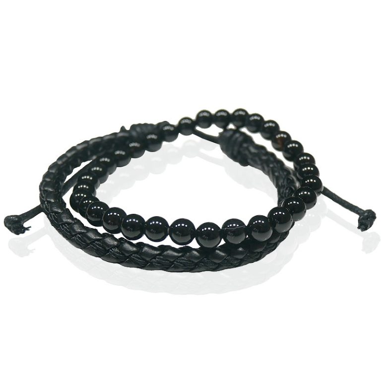 LGT JWLS Natuursteen en Leren Armbandenset – Zwart – Heren Sieraden – Agaat en Leder – voor Mannen