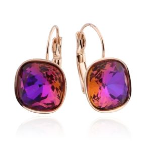 LGT JWLS Oorbellen Dames met Multicolor Glassteen in Afgerond Vierkant en Rosegoudkleurige Laag