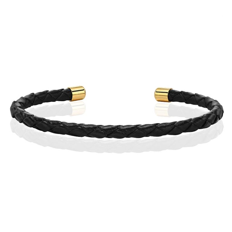 LGT JWLS Smalle Dames Armband van Zwart Leer met Goudkleurige Dopjes