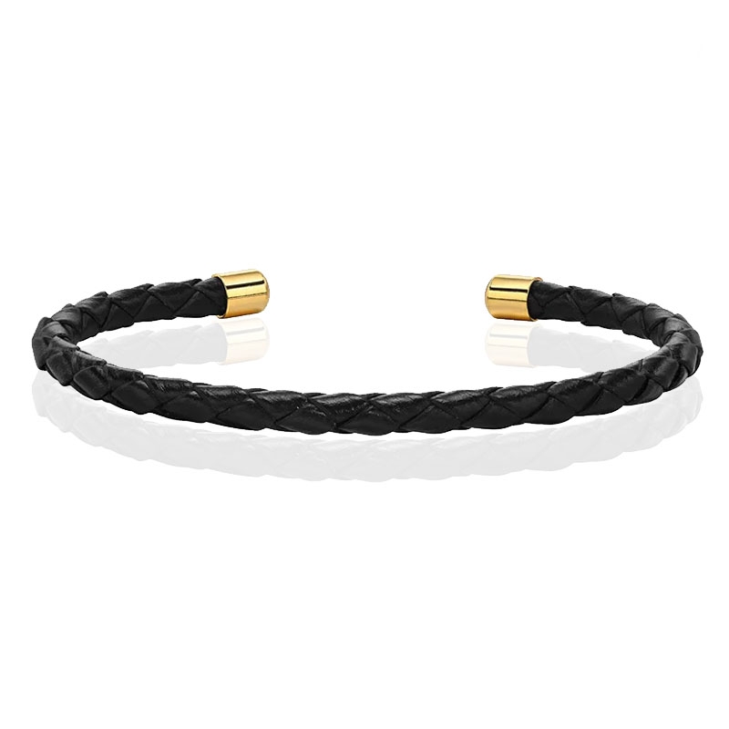 LGT JWLS Smalle Dames Armband van Zwart Leer met Goudkleurige Dopjes
