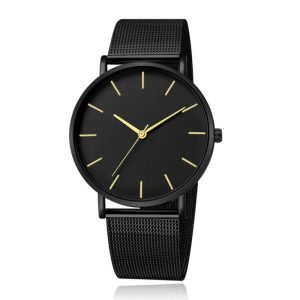 LGT JWLS Vintage Herenhorloge – Luxe Meshband – Zwart met Gouden Wijzers – Zwarte Wijzerplaat
