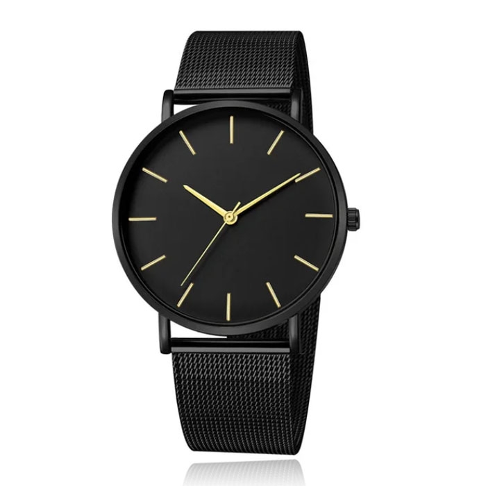 LGT JWLS Vintage Herenhorloge – Luxe Meshband – Zwart met Gouden Wijzers – Zwarte Wijzerplaat