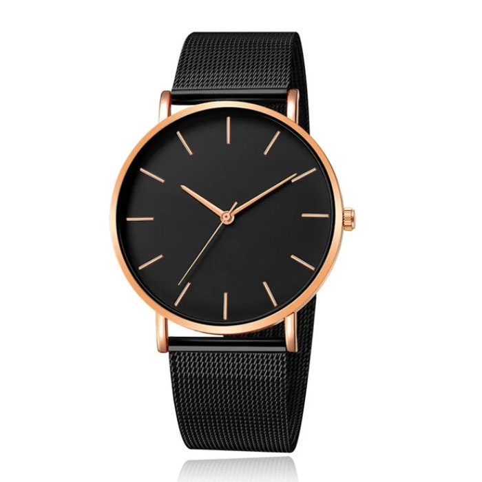 LGT JWLS Vintage Herenhorloge – Luxe Meshband – Zwart met Roségouden Behuizing – Zwarte Wijzerplaat