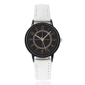 LGT Klassiek herenhorloge met witte leren band en zwarte wijzerplaat