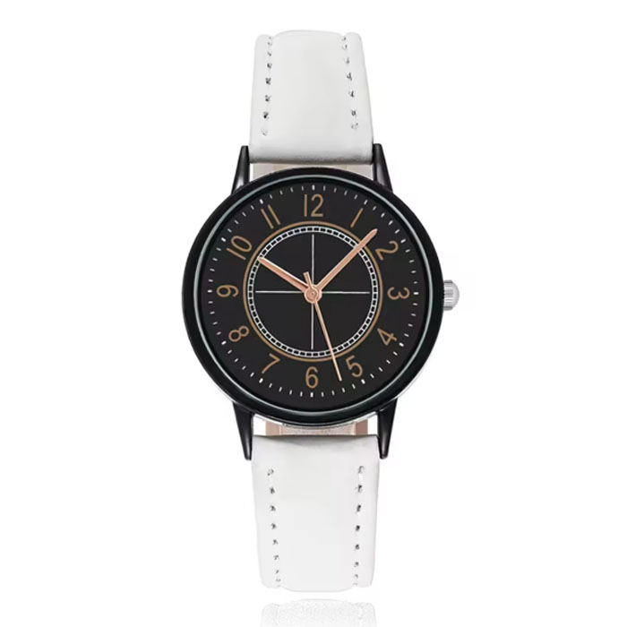 LGT Klassiek herenhorloge met witte leren band en zwarte wijzerplaat