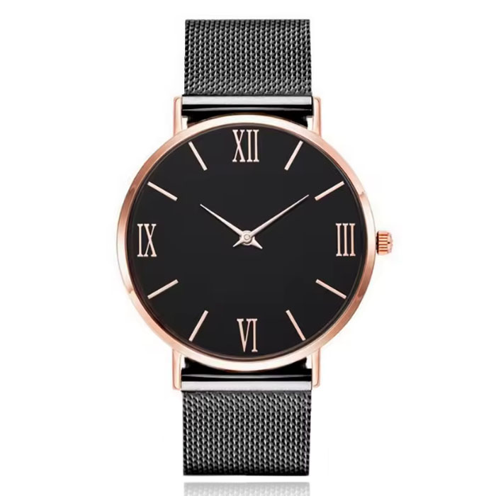 Luxe dameshorloge met zwarte wijzerplaat en zwartkleurige mesh band