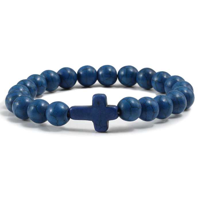 Memphis Kralen Armband met Natuursteen Kruis – Donkerblauw