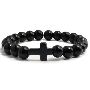Memphis Kralen Armband met Natuursteen Kruis – Glanzend Zwart