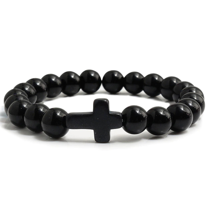 Memphis Kralen Armband met Natuursteen Kruis – Glanzend Zwart