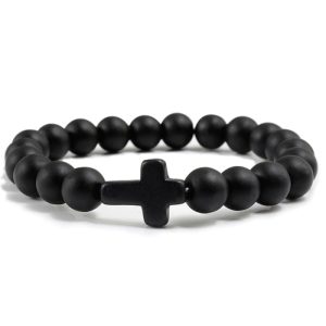 Memphis Kralen Armband met Natuursteen Kruis – Mat Zwart