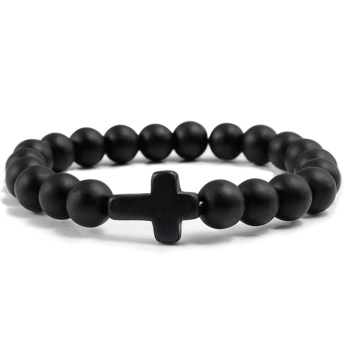 Memphis Kralen Armband met Natuursteen Kruis – Mat Zwart