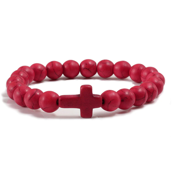 Memphis Kralen Armband met Natuursteen Kruis – Rood