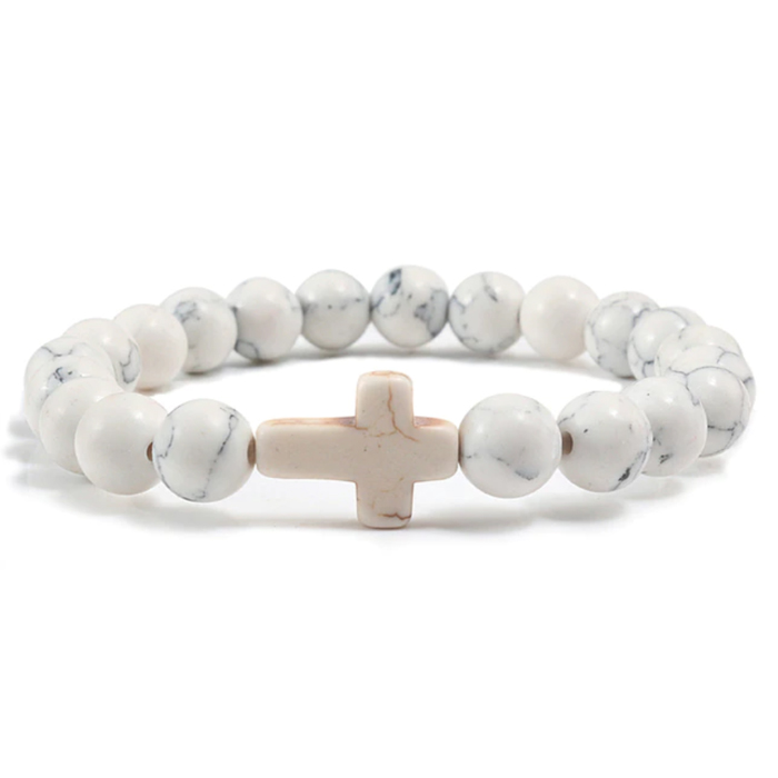 Memphis Kralen Armband met Natuursteen Kruis – Wit