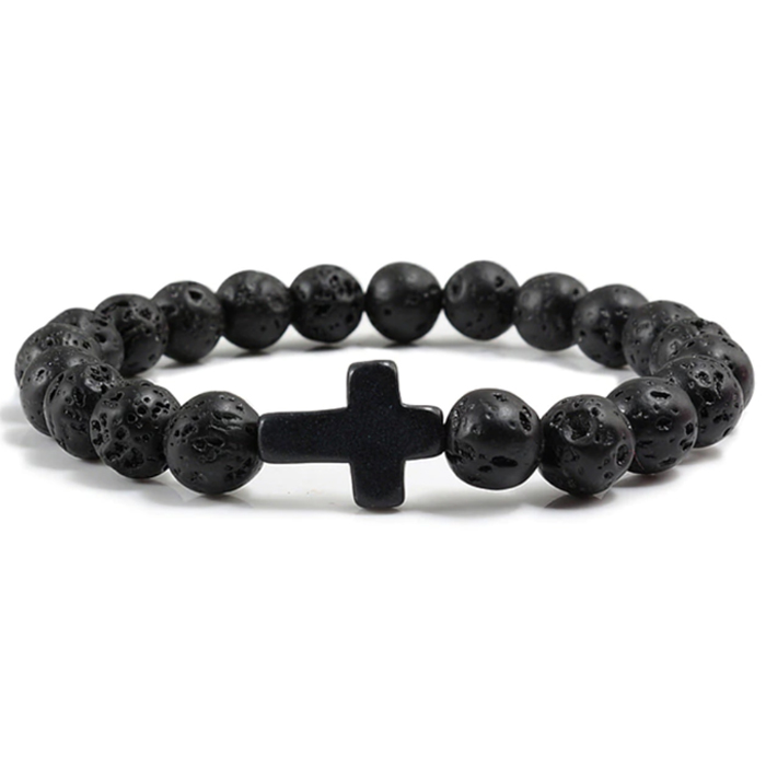 Memphis Kralen Armband met Natuursteen Kruis – Zwart Lava