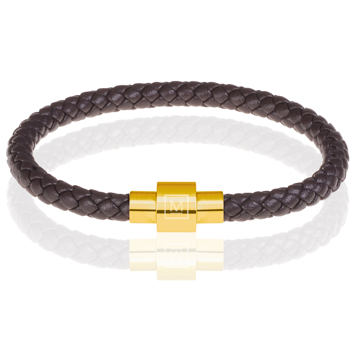 Memphis armband leer met edelstaal Donkerbruin Goud-19cm