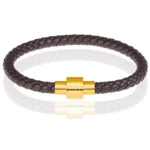 Memphis armband leer met edelstaal Donkerbruin Goud-23cm