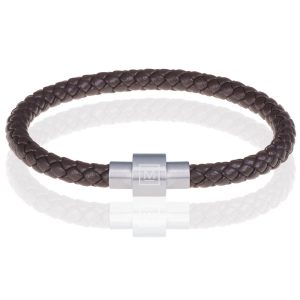 Memphis armband leer met edelstaal Donkerbruin Zilver-22cm