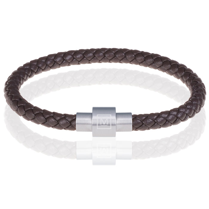 Memphis armband leer met edelstaal Donkerbruin Zilver-20cm