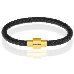 Memphis armband leer met edelstaal Zwart Goud-21cm