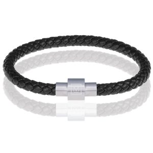 Memphis armband leer met edelstaal Zwart Zilver-19cm