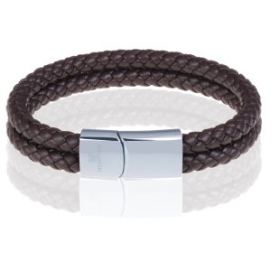 Memphis dubbele leren armband Bruin Zilver-21cm