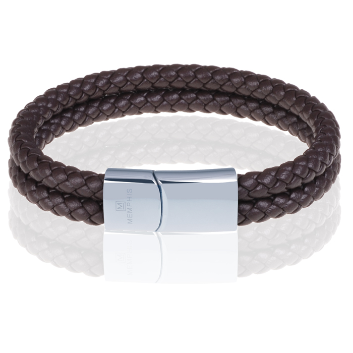 Memphis dubbele leren armband Bruin Zilver-20cm