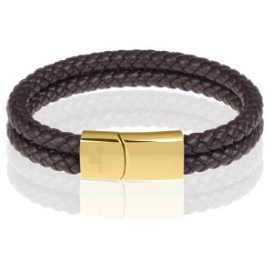 Memphis dubbele leren armband Donkerbruin Goud-22cm
