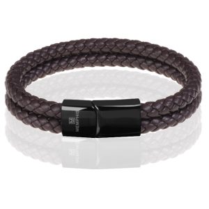 Memphis dubbele leren armband Donkerbruin Zwart-21cm