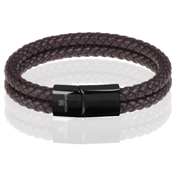 Memphis dubbele leren armband Donkerbruin Zwart-23cm