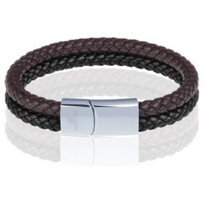 Memphis Dubbele leren armband Duo Color Zilver Zwart Bruin-24cm